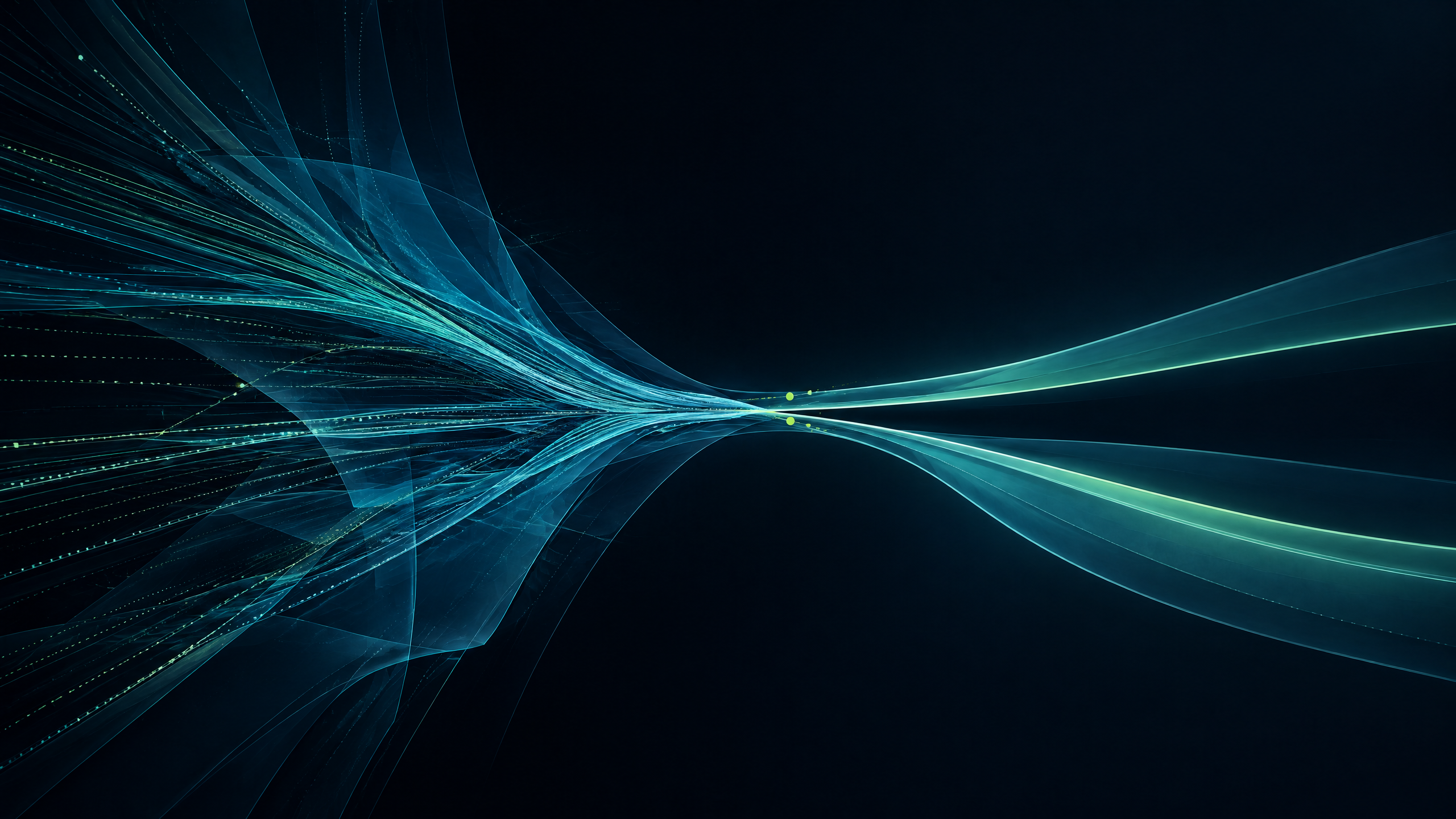 Text-free deep-navy architectural abstraction with compressed teal and cyan planes opening into wider aqua and mint pathways, marked by subtle lime signal points.