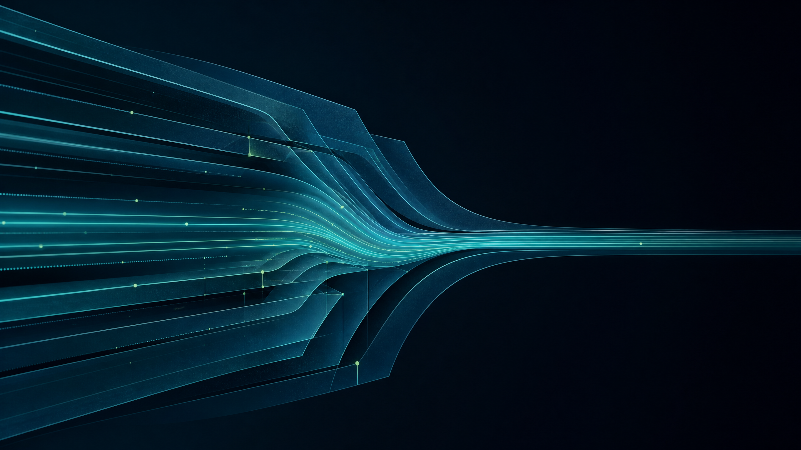 Abstract deep-navy field with layered teal decision pathways narrowing through aqua light and restrained lime accents, suggesting sustained executive stress.