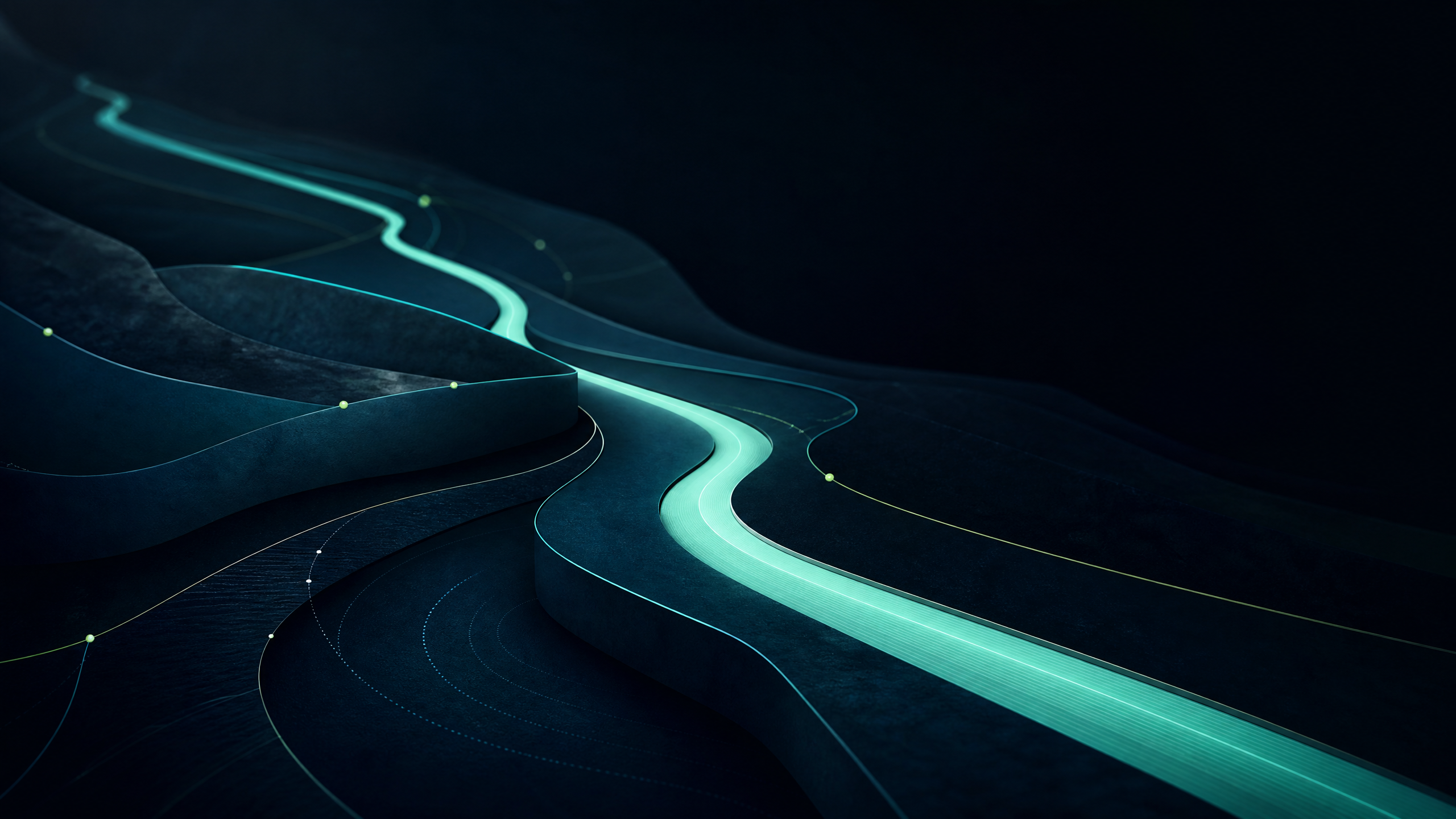 Executive Performance editorial abstraction of a deep teal decision pathway with aqua, mint and restrained lime signals moving through a near-black navy field.