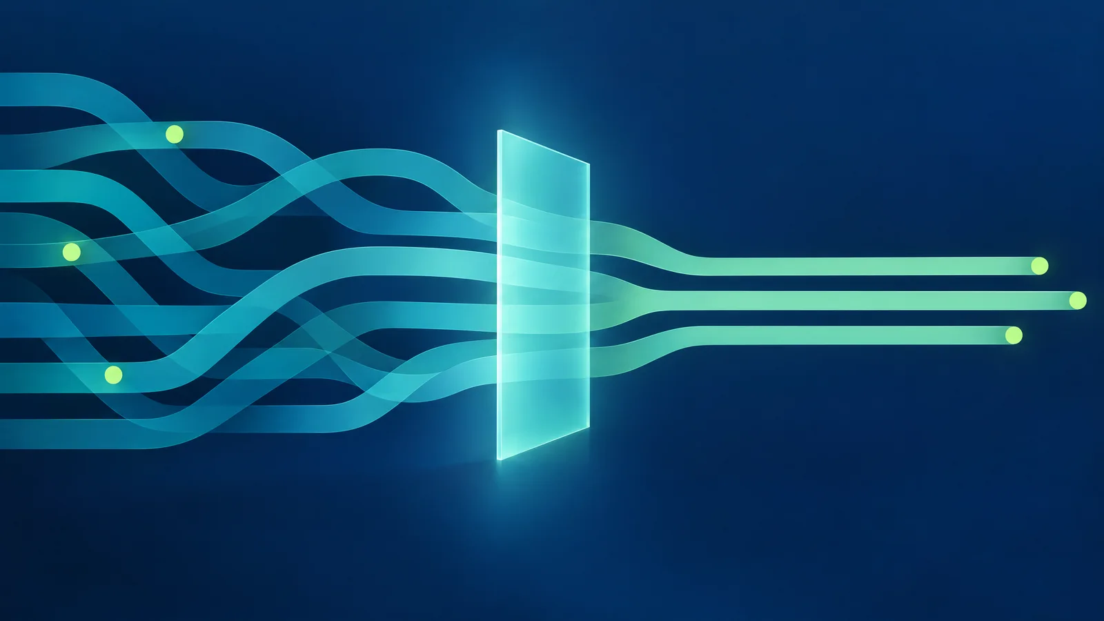 Abstract deep-navy field with teal pathways handing work across a calm aqua threshold into a clear mint space.