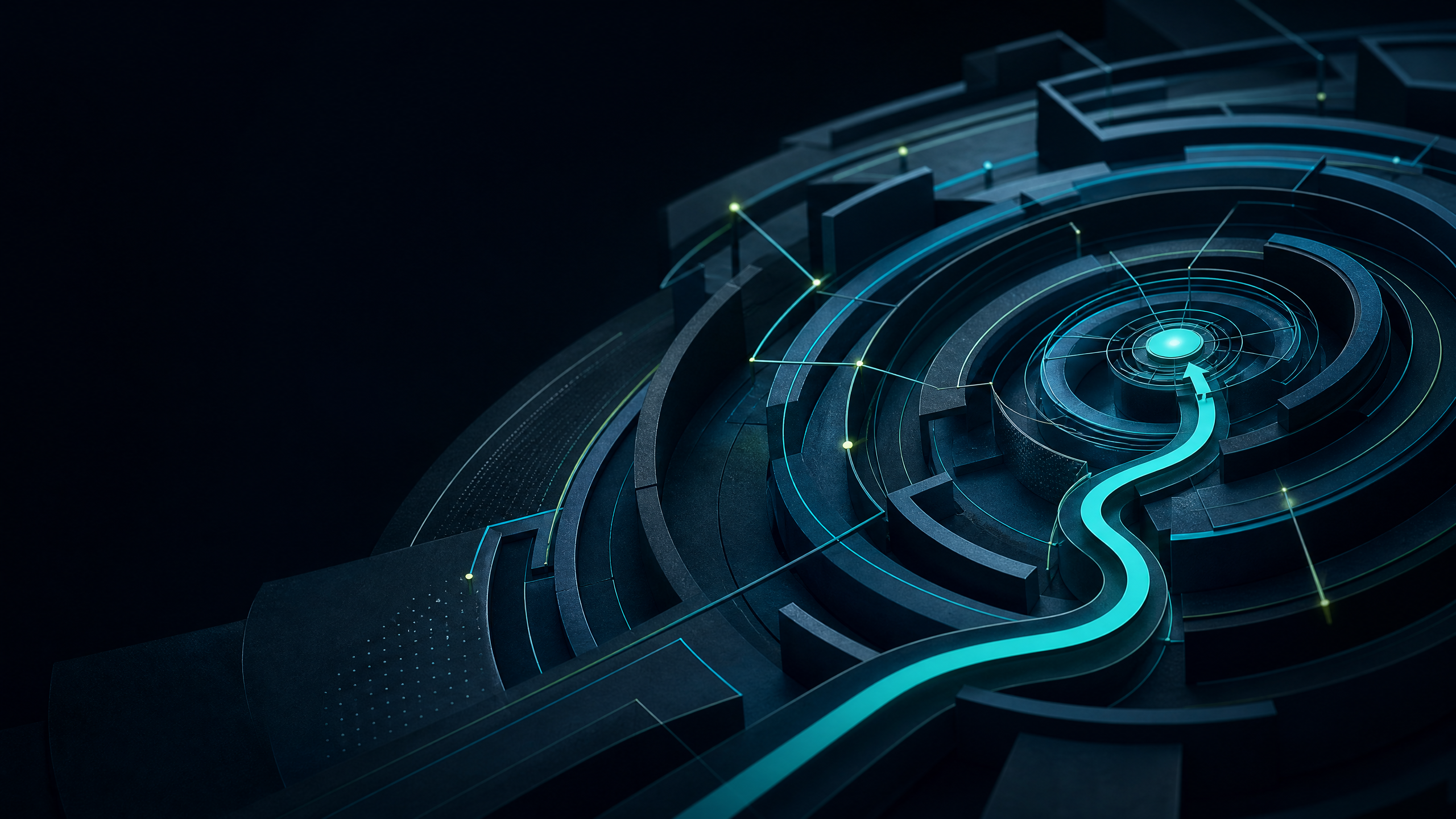 Executive Director Burnout represented by a deep navy governance grid carrying converging teal, aqua and restrained lime decision pathways.