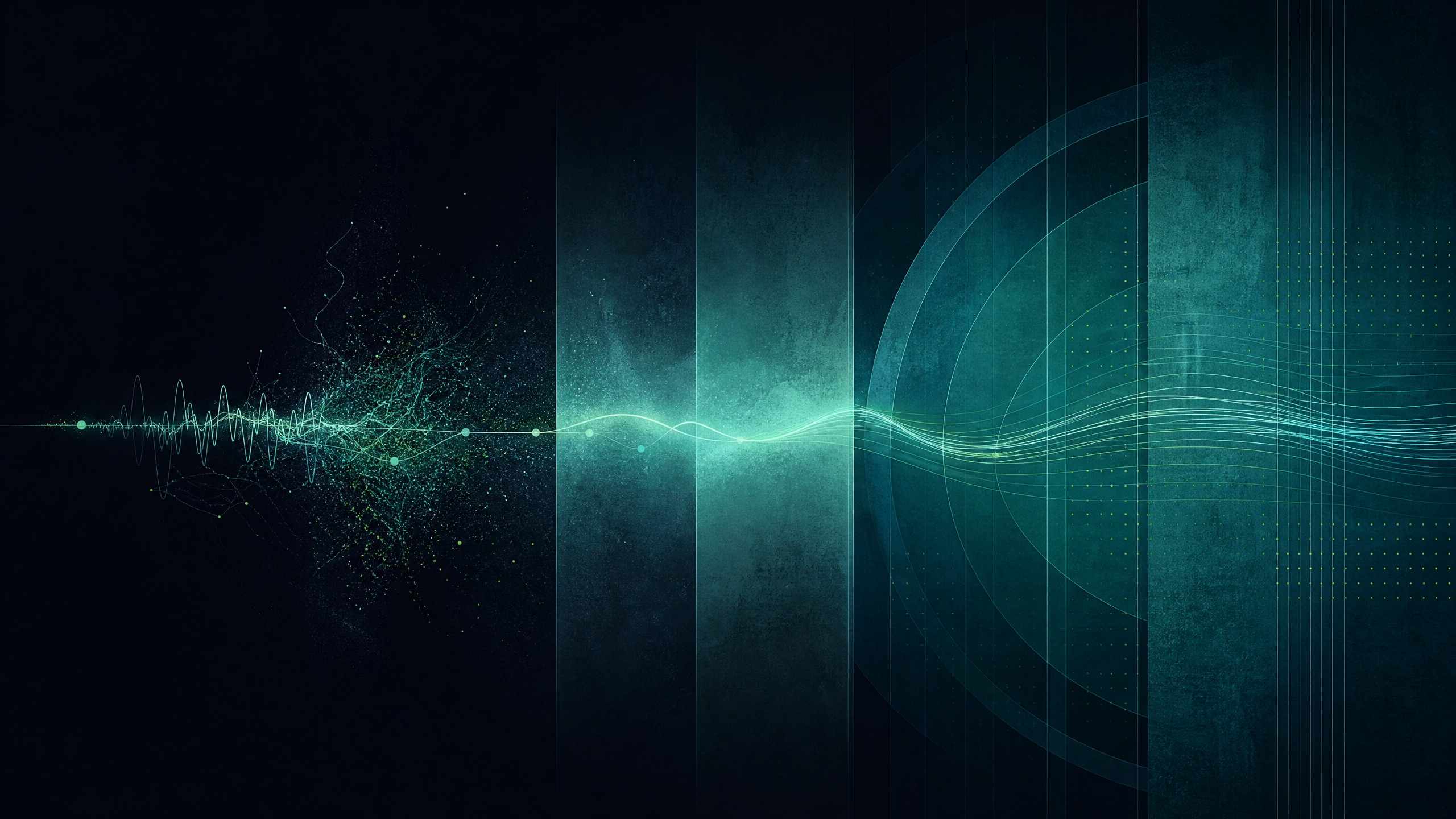 Executive Stress Relief visualised as a deep navy field shifting from compressed teal lines into open aqua and mint pathways.