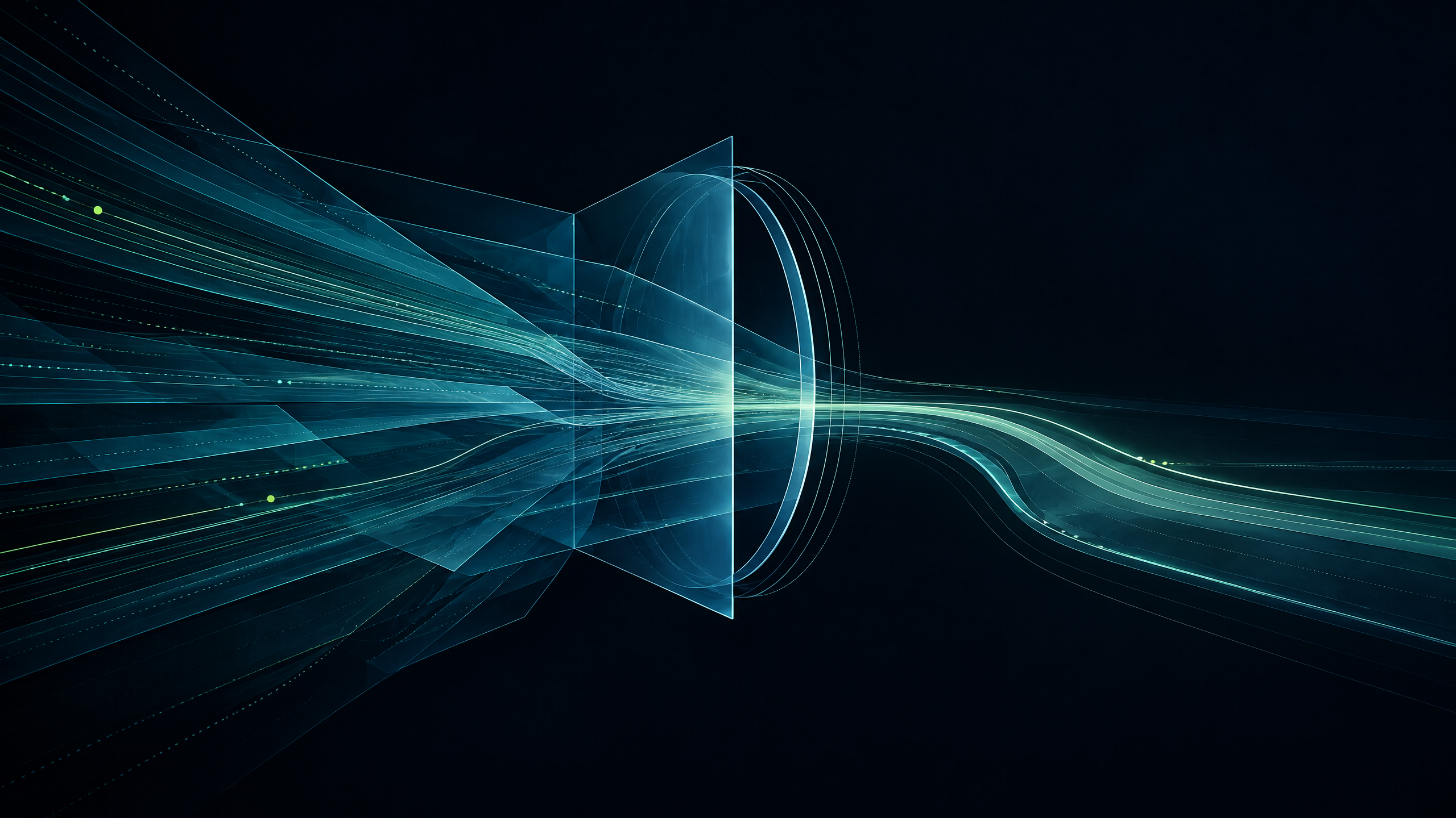 Text-free abstract deep-navy field with teal and aqua planes converging around a translucent review aperture, then resolving into spacious mint pathways with restrained lime points.