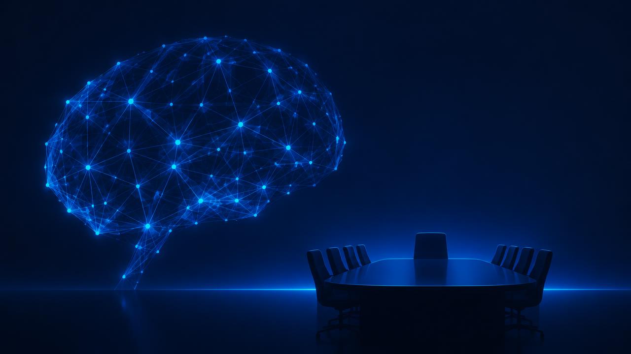 Illustration of a glowing neural network beside an empty boardroom
