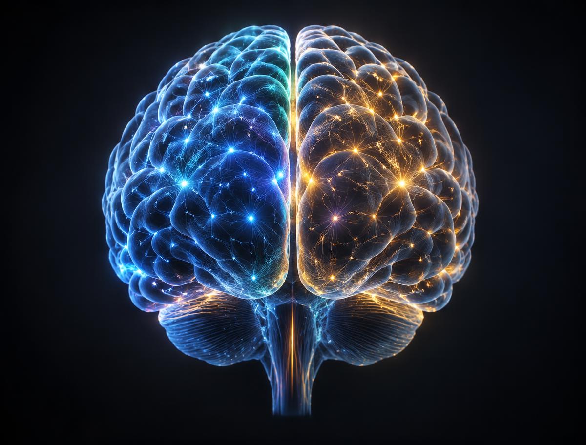 A luminous brain with cobalt and copper neural pathways